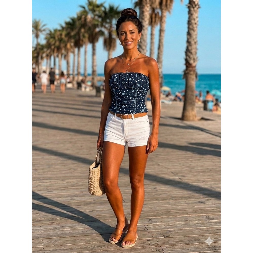 Free People Floral Polka Dot Ruched Tube Top Navy‎ Blue Strapless Smocked Medium